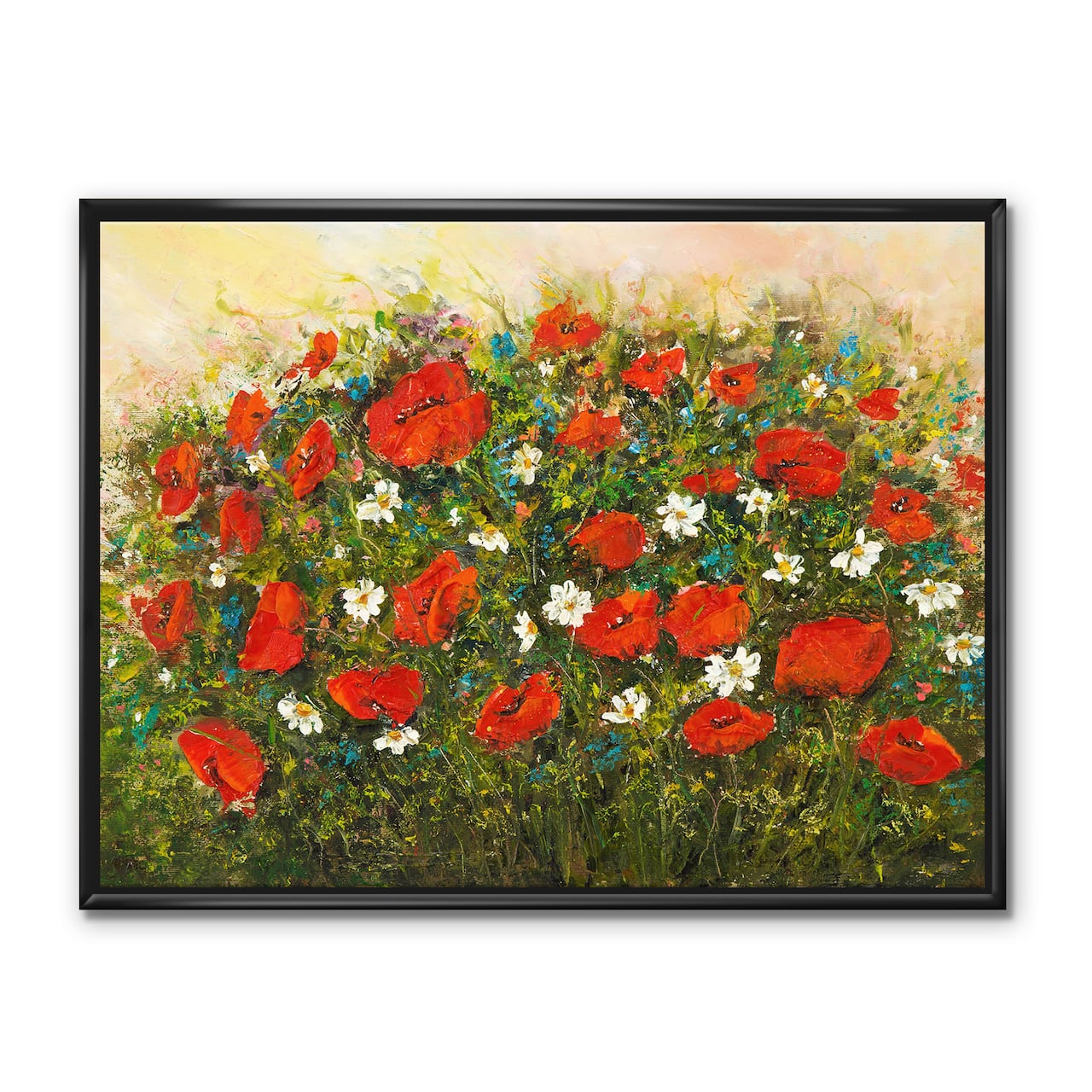 Designart - Blossoming Red Flower Fields - Farmhouse Canvas Wall Art Print in Black Frame